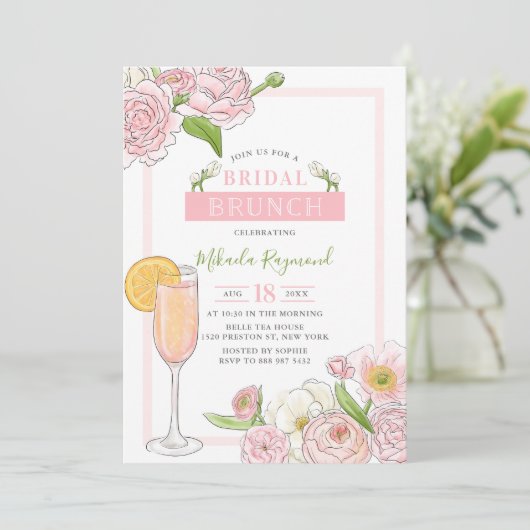 Brunch en Bubble | Roze Floral Bridal Brunch Kaart (Staand voorkant)