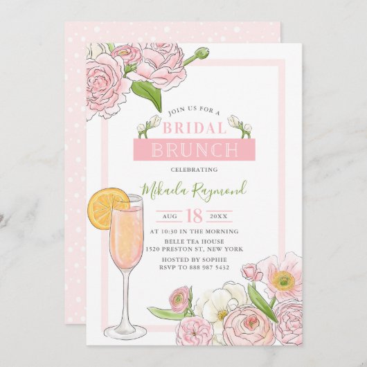 Brunch en Bubble | Roze Floral Bridal Brunch Kaart (Voorkant / Achterkant)