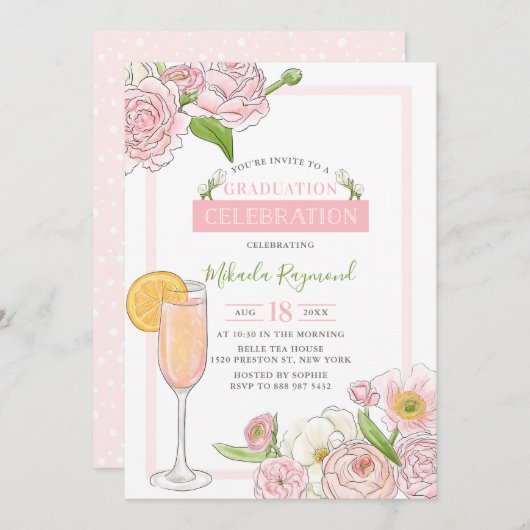 Brunch en Bubble | Roze Floral Graduy Party Kaart (Voorkant / Achterkant)