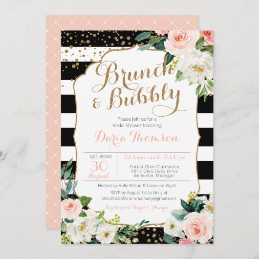 Brunch en Bubble Stripe Blush Floral Vrijgezellenf Kaart (Voorkant / Achterkant)