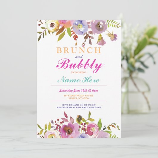 Brunch en Bubble Vrijgezellenfeest Bloemen Uitnodi Kaart (Staand voorkant)