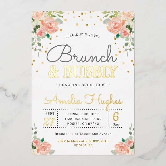 Brunch en Bubble Vrijgezellenfeest Blush Peony Gol Folie Uitnodiging (Voorkant)