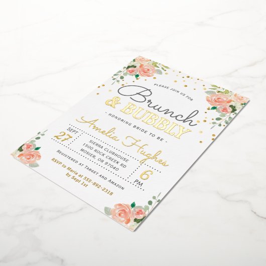 Brunch en Bubble Vrijgezellenfeest Blush Peony Gol Folie Uitnodiging (Gedraaid)