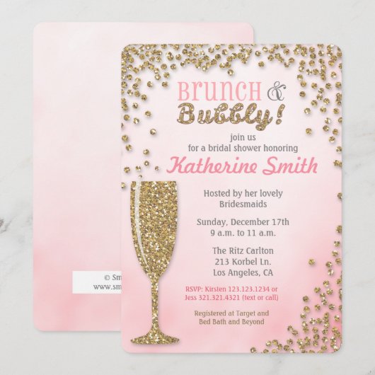 Brunch en Bubble Vrijgezellenfeest Glitter Invitat Kaart (Voorkant / Achterkant)