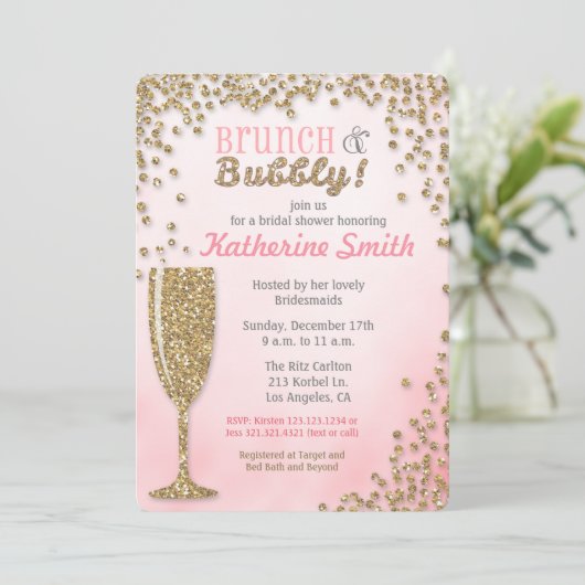 Brunch en Bubble Vrijgezellenfeest Glitter Invitat Kaart (Staand voorkant)