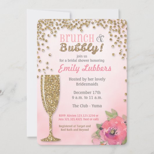 Brunch en Bubble Vrijgezellenfeest Glitter Invitat Kaart (Voorkant)