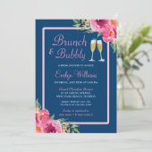 Brunch en Bubble Vrijgezellenfeest Navy Pink Flora Kaart (Staand voorkant)