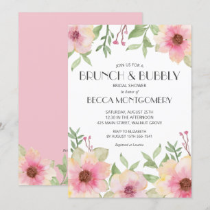 Brunch en Bubble Waterverf Pink Floral Invites