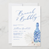 Brunch en Bubbly Blue Script Vrijgezellenfeest Kaart (Voorkant)