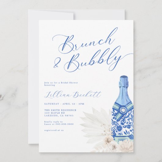Brunch en Bubbly Blue Script Vrijgezellenfeest Kaart (Voorkant)