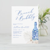 Brunch en Bubbly Blue Script Vrijgezellenfeest Kaart (Staand voorkant)