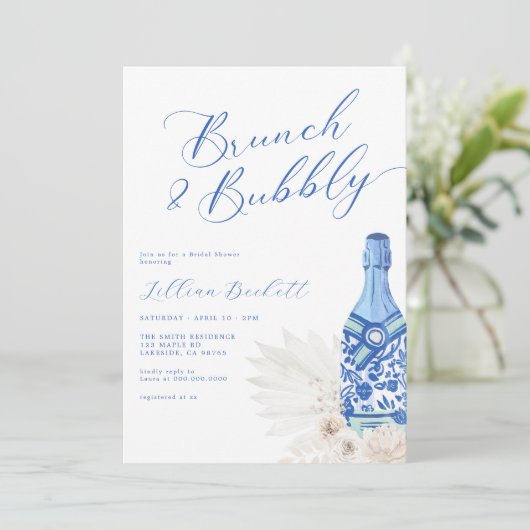 Brunch en Bubbly Blue Script Vrijgezellenfeest Kaart (Staand voorkant)