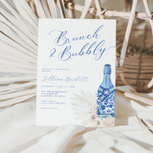 Brunch en Bubbly Blue Script Vrijgezellenfeest Kaart