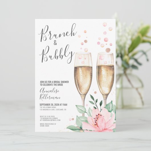 Brunch en Bubbly Blush Roze Bloemen Vrijgezellenfe Kaart (Staand voorkant)