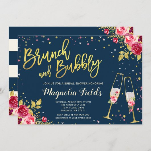 Brunch en Bubbly Bruids Douche Uitnodiging Bloemen (Voorkant / Achterkant)
