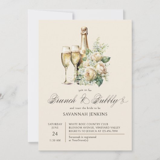 Brunch en Bubbly Champagne Rozen Vrijgezellenfeest Kaart (Voorkant)