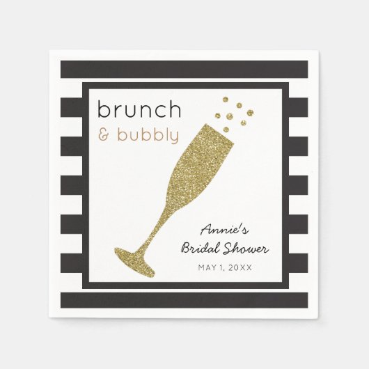 Brunch en Bubbly Faux Gold Glitter & Zwarte Drink Servetten (Voorkant)