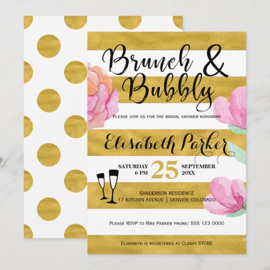 Brunch en bubbly floral stripe gouden vrijgezellen kaart (Voorkant / Achterkant)