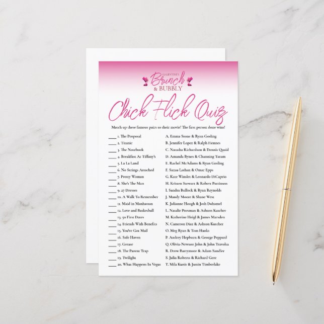 Brunch en Bubbly Galentines Chick Flick Game Quiz (Voorkant / Achterkant in situ)