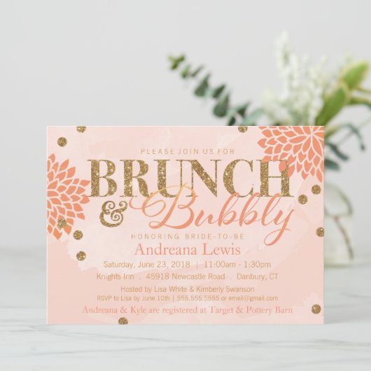 Brunch en Bubbly Glitter Waterverf Douche Uitnodig Kaart (Staand voorkant)