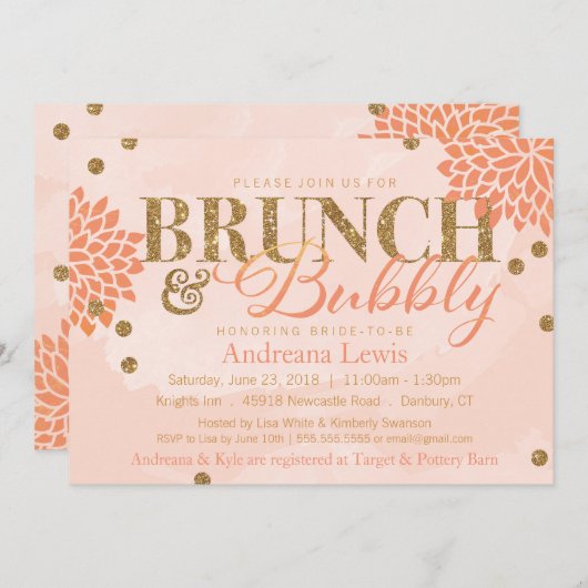 Brunch en Bubbly Glitter Waterverf Douche Uitnodig Kaart (Voorkant / Achterkant)