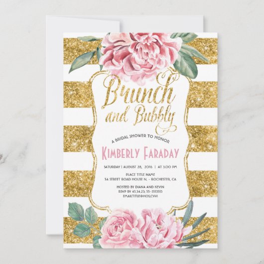 Brunch en Bubbly Gold Floral Vrijgezellenfeest Kaart (Voorkant)