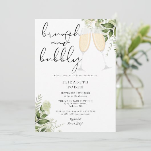 Brunch en Bubbly Greenery Vrijgezellenfeest Kaart (Staand voorkant)