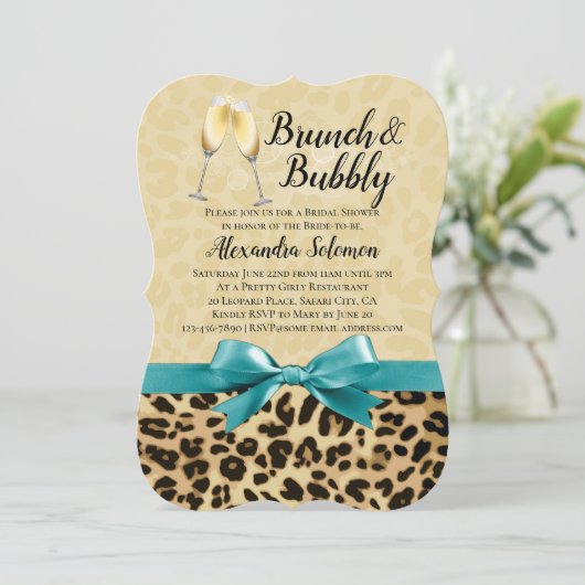 Brunch en Bubbly Leopard Turquoise Vrijgezellenfee Kaart (Staand voorkant)