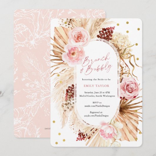 Brunch en Bubbly Modern Boho Pink Floral Bridal Kaart (Voorkant / Achterkant)