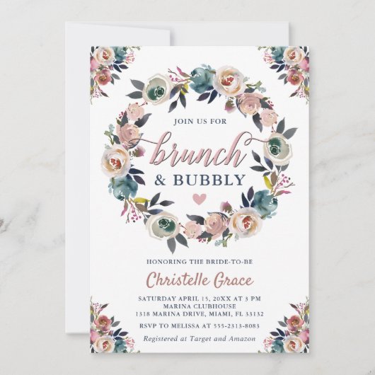 Brunch en Bubbly Navy Dusty Pink Vrijgezellenfeest Kaart (Voorkant)