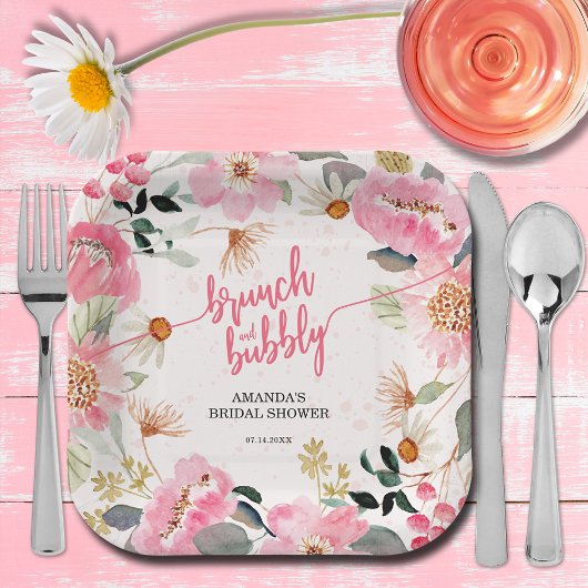 Brunch en Bubbly Pink Floral Vrijgezellenfeest Papieren Bordje