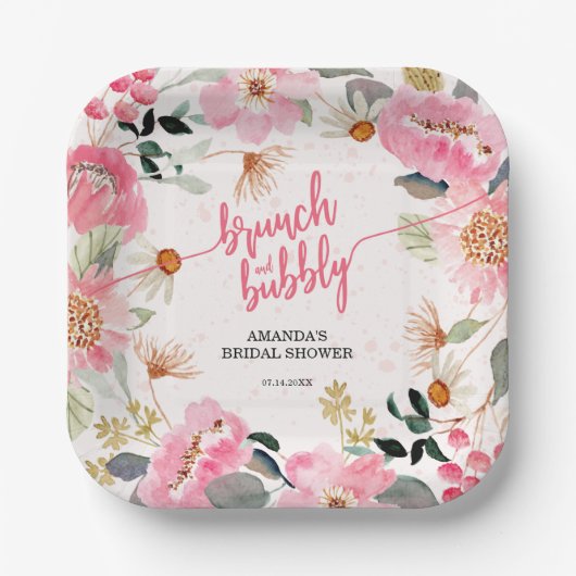 Brunch en Bubbly Pink Floral Vrijgezellenfeest Papieren Bordje (Voorkant)
