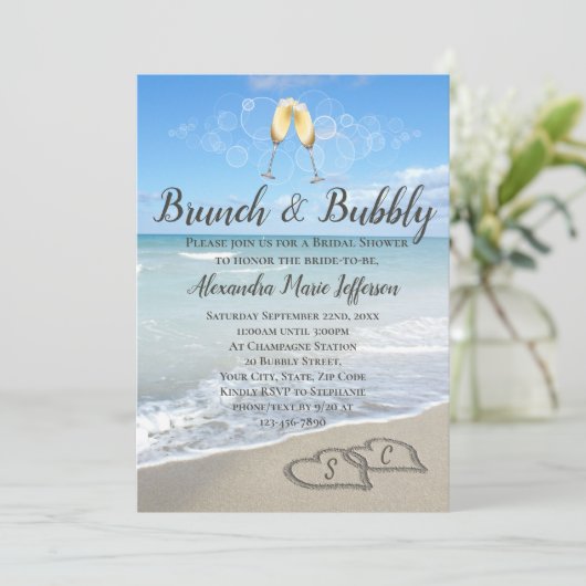 Brunch en Bubbly Sand Hearts Beach Vrijgezellenfee Kaart (Staand voorkant)