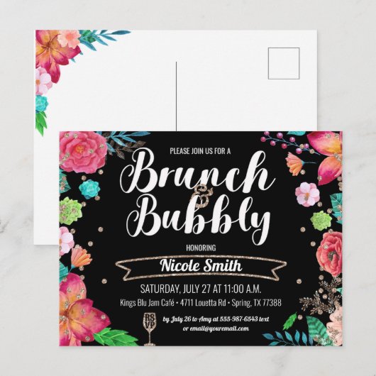 Brunch en Bubbly Vrijgezellenfeest Champagne Glitt Uitnodiging Briefkaart (Voorkant / Achterkant)