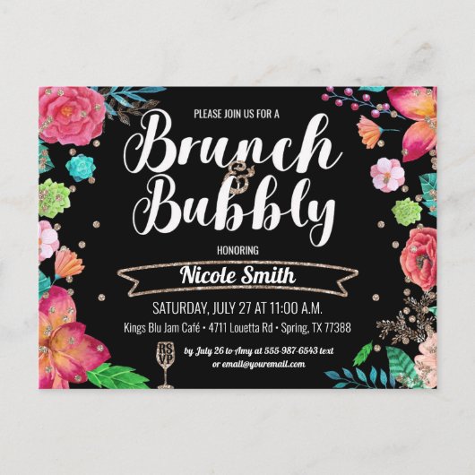 Brunch en Bubbly Vrijgezellenfeest Champagne Glitt Uitnodiging Briefkaart (Voorkant)