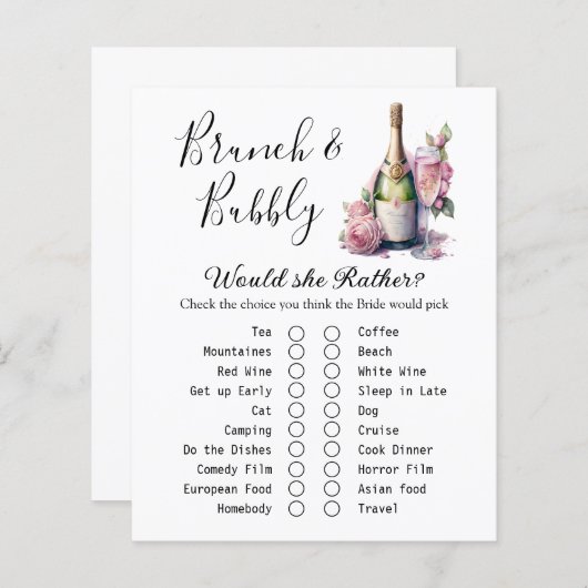 Brunch en Bubbly Vrijgezellenfeest Game Kaart (Voorkant / Achterkant)
