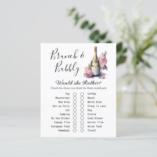 Brunch en Bubbly Vrijgezellenfeest Game Kaart (Staand voorkant)