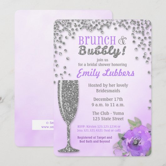Brunch en Bubbly Vrijgezellenfeest Glitter Uitnodi Kaart (Voorkant / Achterkant)