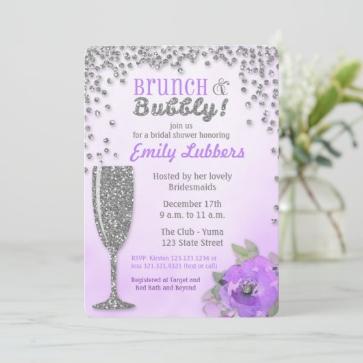 Brunch en Bubbly Vrijgezellenfeest Glitter Uitnodi Kaart (Staand voorkant)