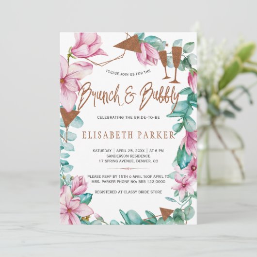 Brunch en bubbly waterverf floral vrijgezellenfees kaart (Staand voorkant)