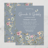 Brunch en Bubbly Wildflower Blue Vrijgezellenfeest Kaart (Voorkant / Achterkant)