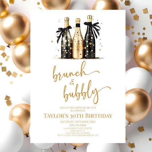 Brunch en Bubbly Zwart Goud Verjaardag Brunch Part Kaart