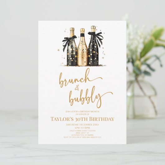 Brunch en Bubbly Zwart Goud Verjaardag Brunch Part Kaart (Staand voorkant)
