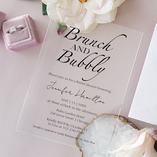 Brunch en Bubbly | Zwart-wit Vrijgezellenfeest Acryl Uitnodigingen