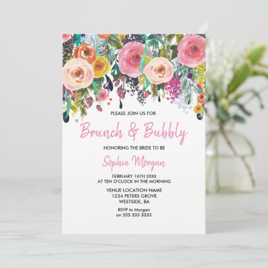 Brunch en Bubel Vrijgezellenfeest Roze Floral Invi Kaart (Staand voorkant)