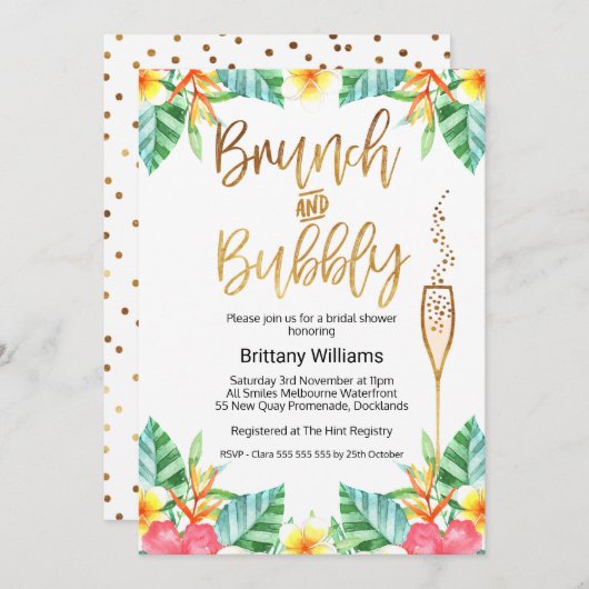 Brunch en Bubely Tropica Bridal Shower Invitation Kaart (Voorkant / Achterkant)
