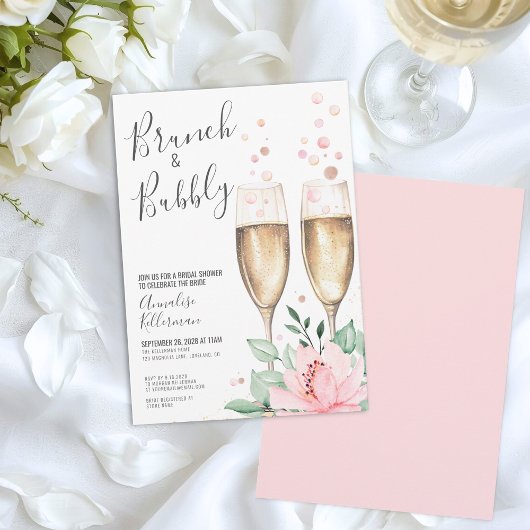 Brunch En Mousserend Roze Bloemige Bruidsdouche Kaart