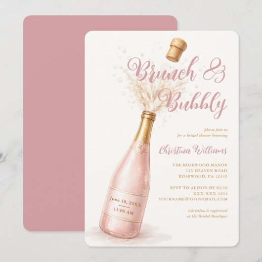 Brunch en Mousserende Roze Champagne Bruidsfeest Kaart (Voorkant / Achterkant)