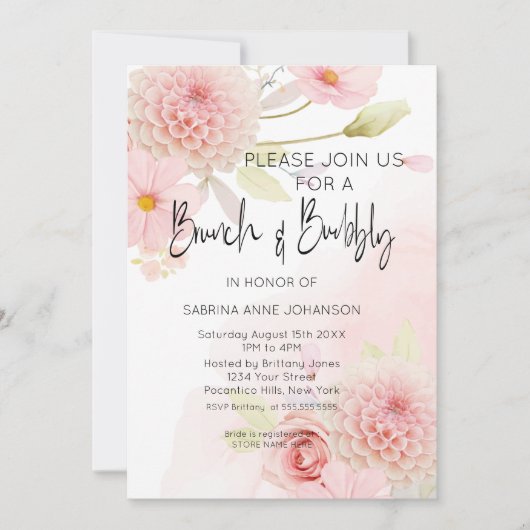 Brunch en roze Floral Vrijgezellenfeest Invita Kaart (Voorkant)