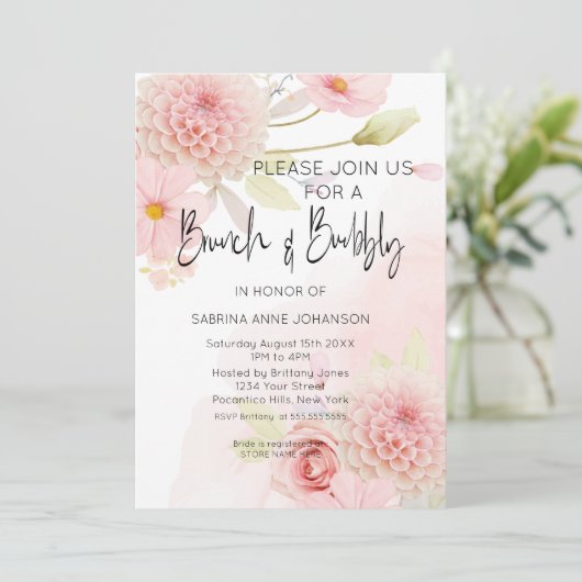 Brunch en roze Floral Vrijgezellenfeest Invita Kaart (Staand voorkant)